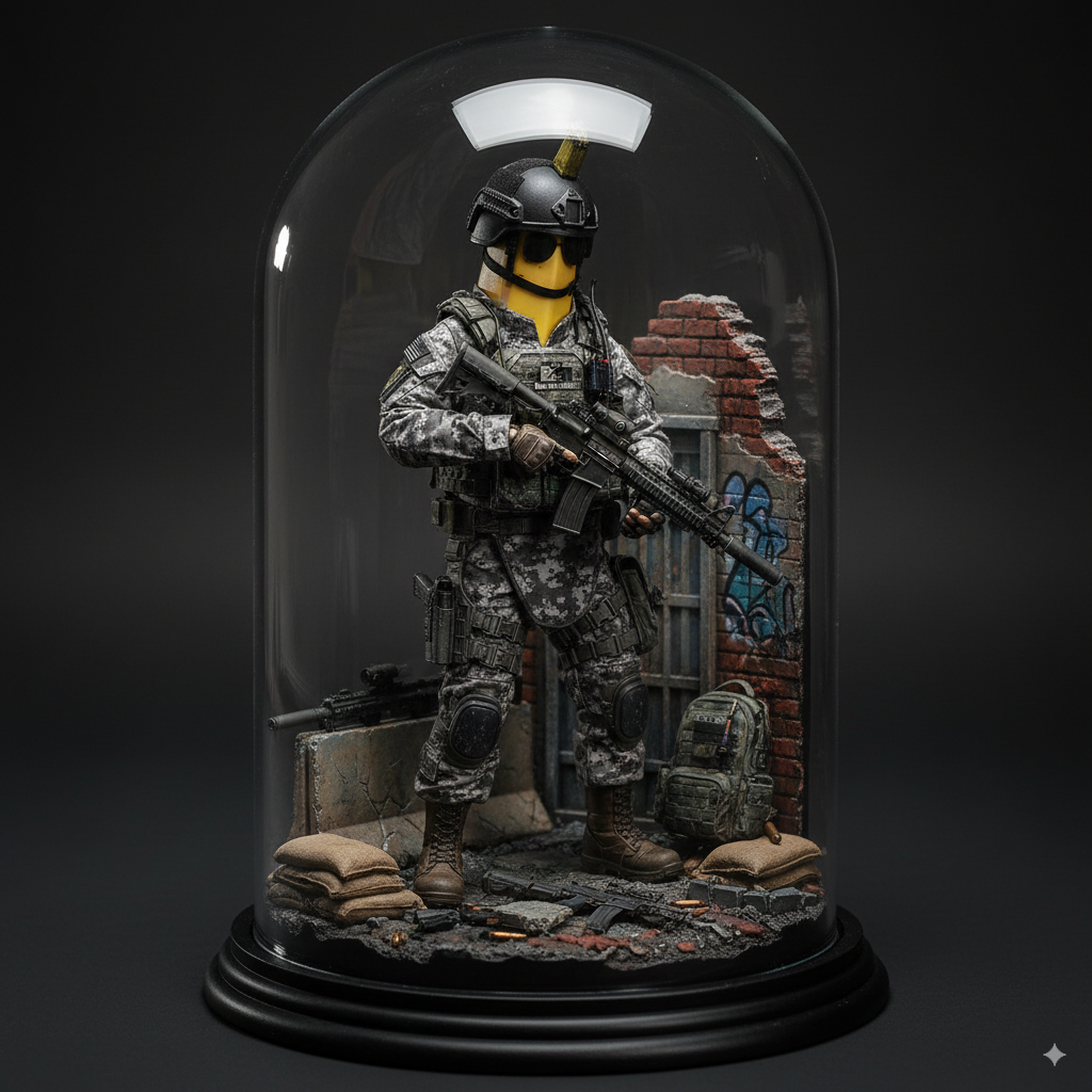 special operations nano-banana, 1:12 scale, interchangeable weaponry, lifelike fabric textures, urban combat environment base, removable headgear and equipment, weathered finishTactical FPS Gear nano banana figure